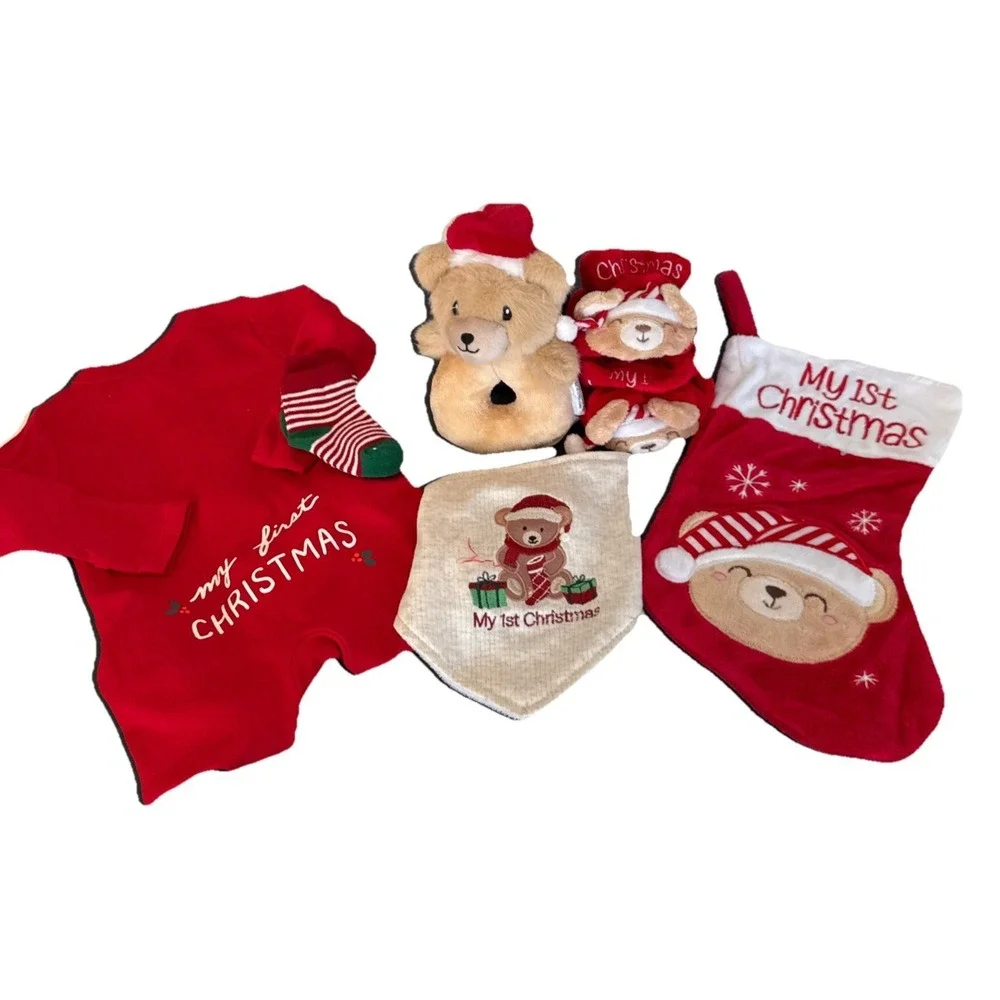 Baby's 1st Christmas Gift Basket Stocking Outfit Booties Bib Socks Lovey Rattle
